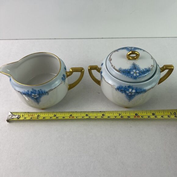 Vintage Epiag Czechoslovakia Footed Cream and Sugar Bowl Blue With Daisies - Picture 5 of 13